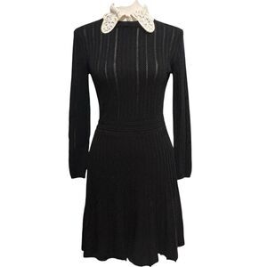 OBEG Black Pleated Knit Dress Sz 36(Small) Removable Collar Long Sleeve